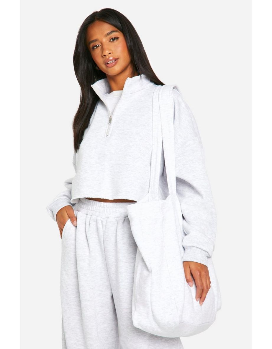 Petite Half Zip Cropped Sweatshirt Wide Leg Tracksuit - grey - 3