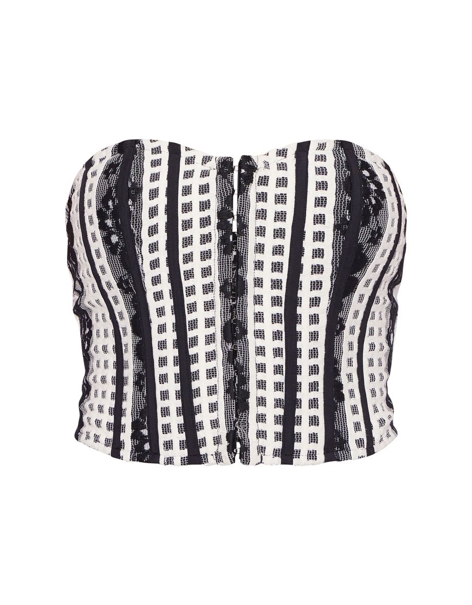 Black Textured Contrast Check Hook And Eye Corset - 4
