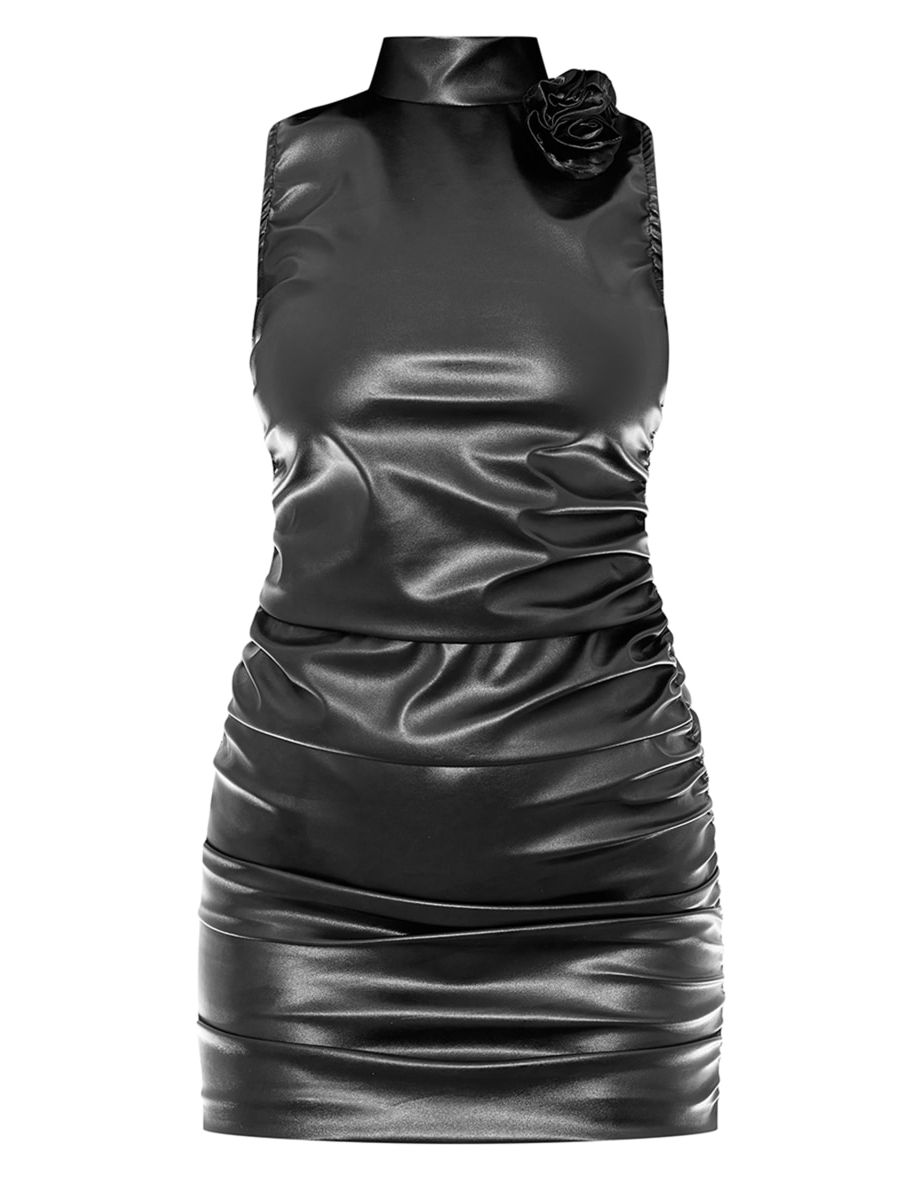 Black Corsage Ruched Faux Leather High Neck Bodycon Dress - 4