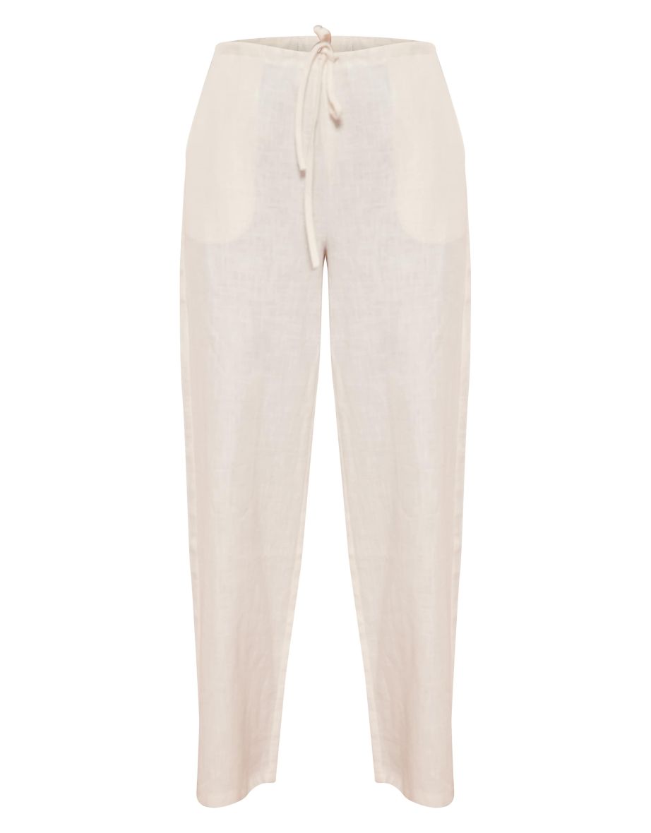Premium White Linen Drawstring Straight Leg Trousers - 4