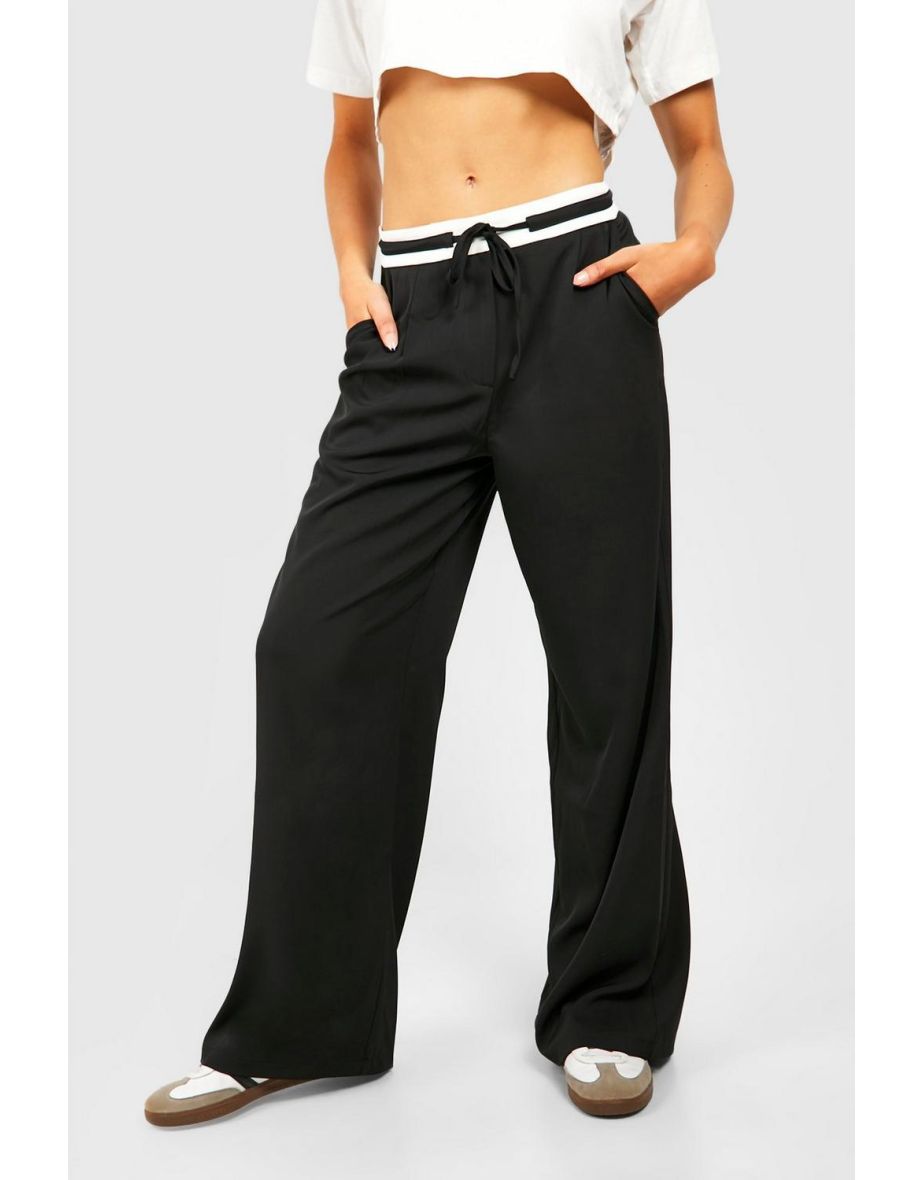 Contrast Tie Waist Fluid Wide Leg Trousers - black - 3