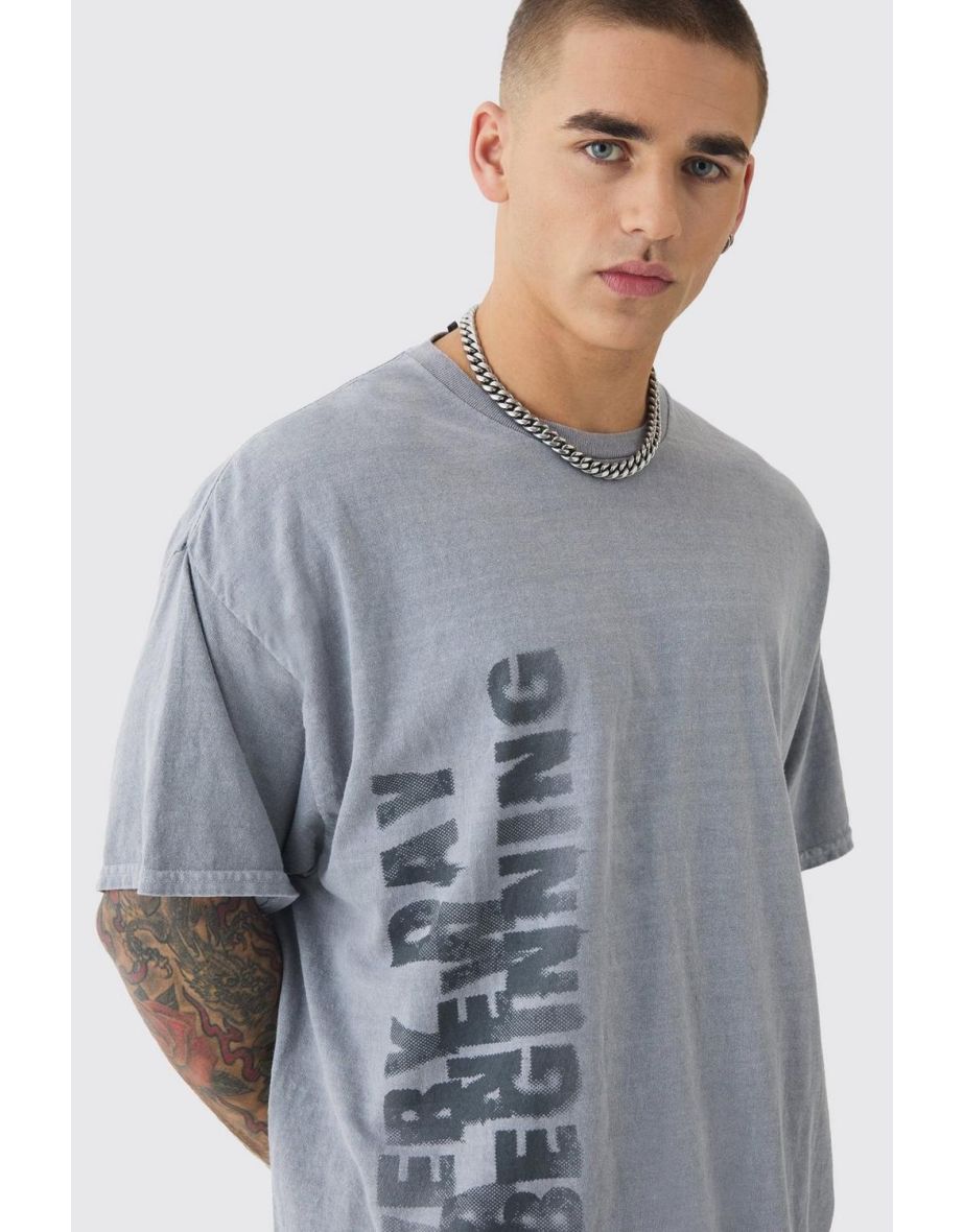 Oversized Boxy Washed Slogan T-shirt - charcoal - 2