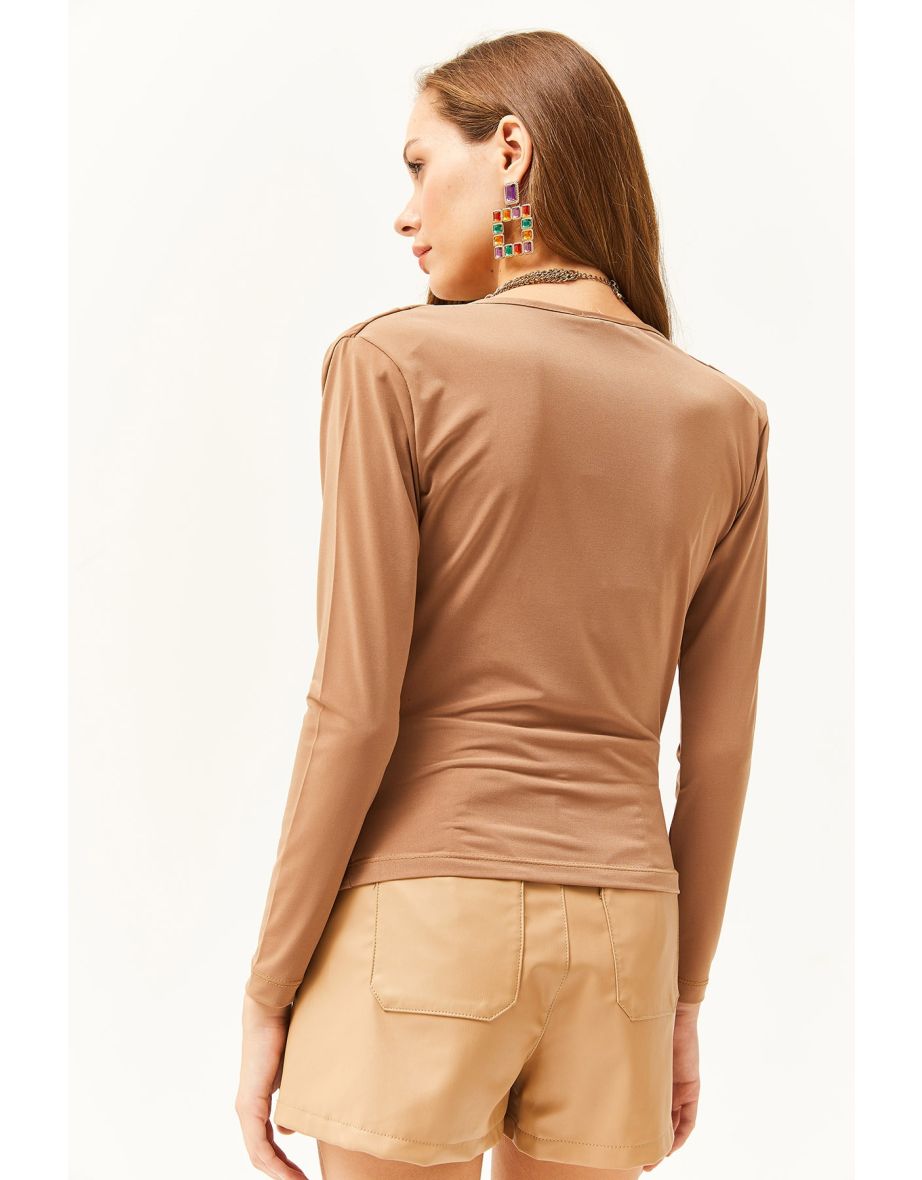 Women's Biscuit Padded Pleated Turndown Collar Blouse - 4