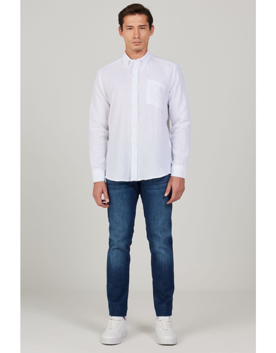 Men's White Comfort Fit Wide Cut Classic Collar 100% Cotton Muslin Shirt