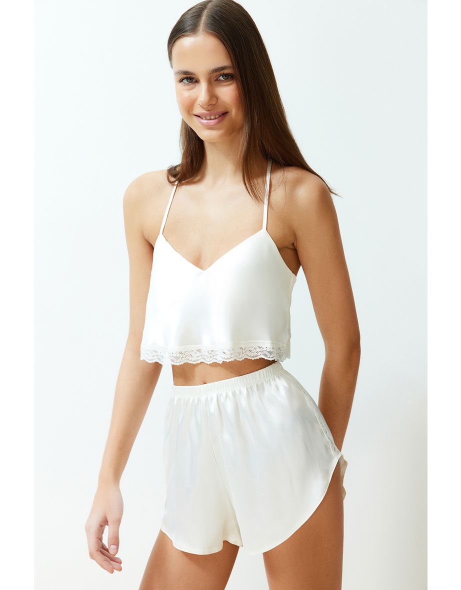Ecru Lace Detailed Crop Satin Woven Pajama Set - 7