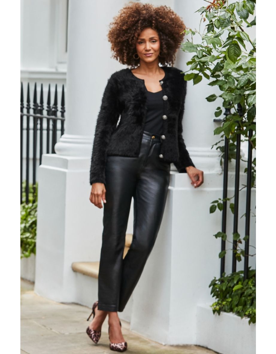 Black Fluffy Knit Cardigan With Luxe Gold Buttons