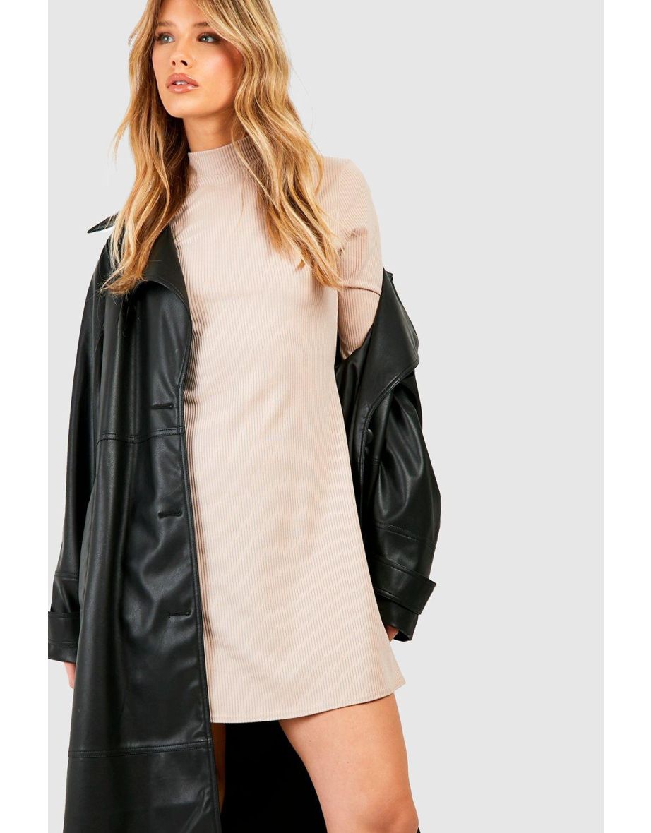 High Neck Mini Rib Skater Dress - stone - 3