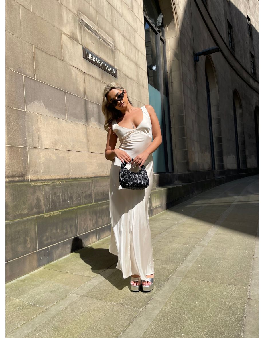 Dark-Cream Satin V-Neck Maxi-Dress