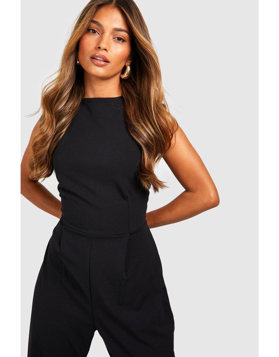 Tailored High Neck Cinched Waist Wide Leg Jumpsuit - black - 3