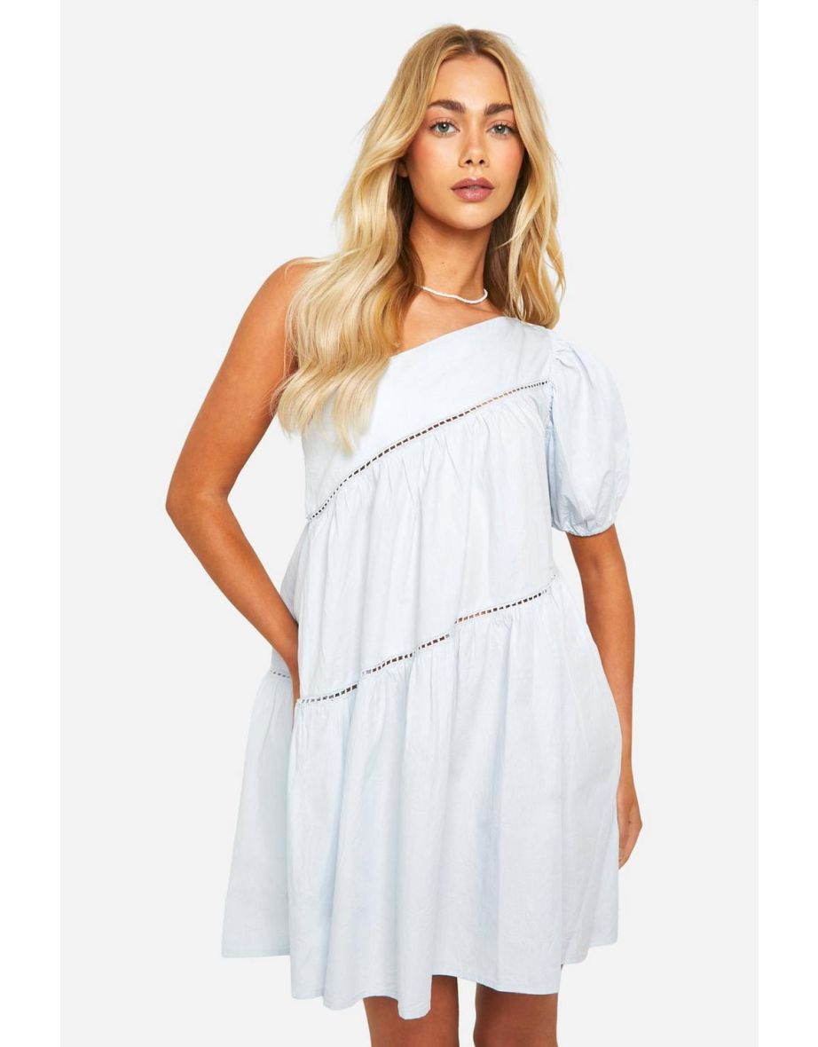 One Shoulder Blue Smock Dress