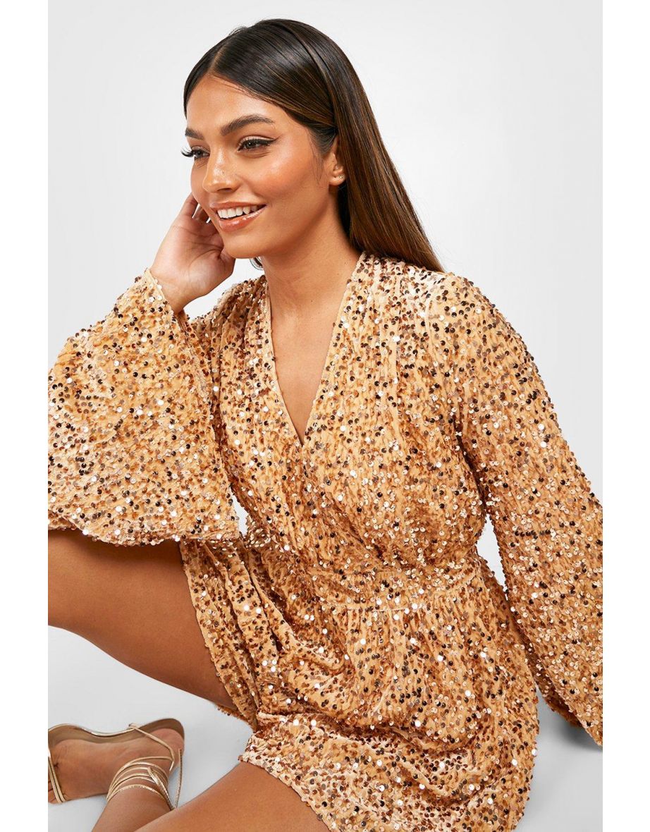 Sequin Flare Sleeve Open Back Playsuit - gold - 3