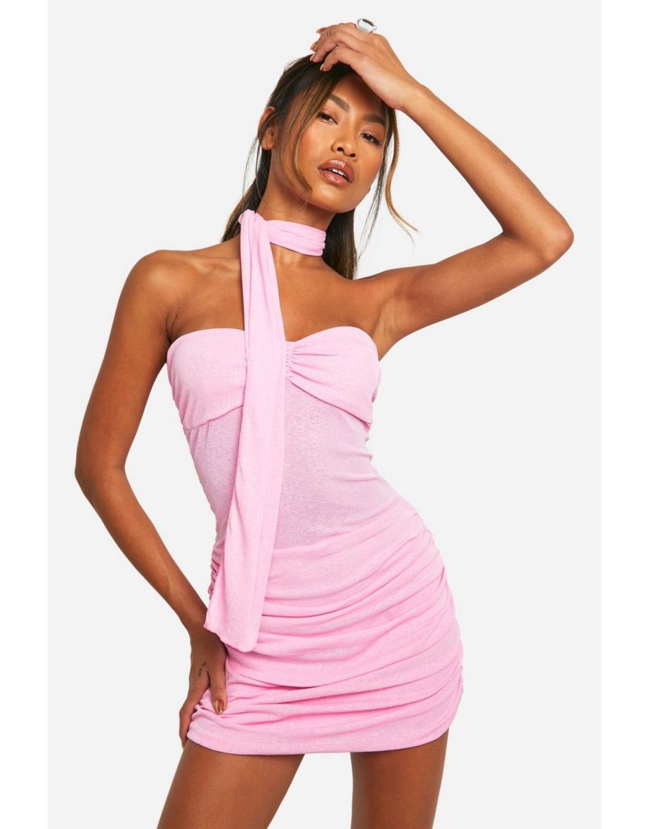 Onion Skin Twist Sheer Mini Dress With Scarf - pink