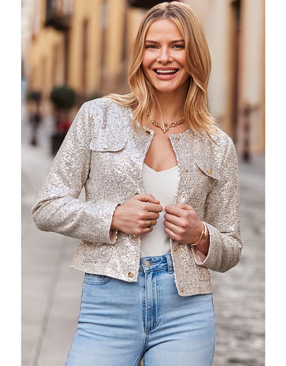 Champagne Gold Pocket Detail Luxe Sequin Jacket