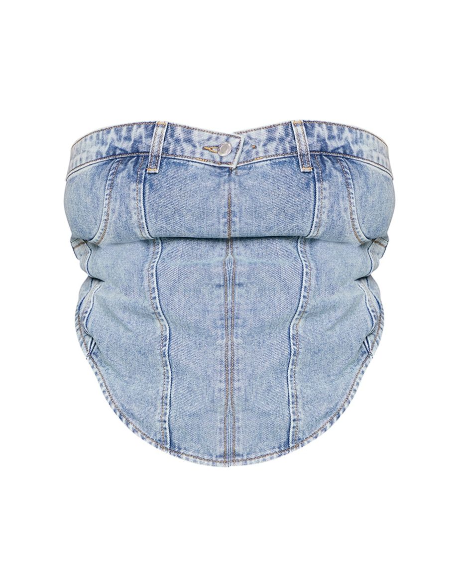 Plus Light Blue Wash Jean Waistband Detail Denim Corset Top - 4