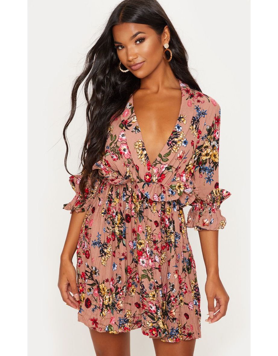 Dark Nude Floral Frill Detail Pleated Skater Dress