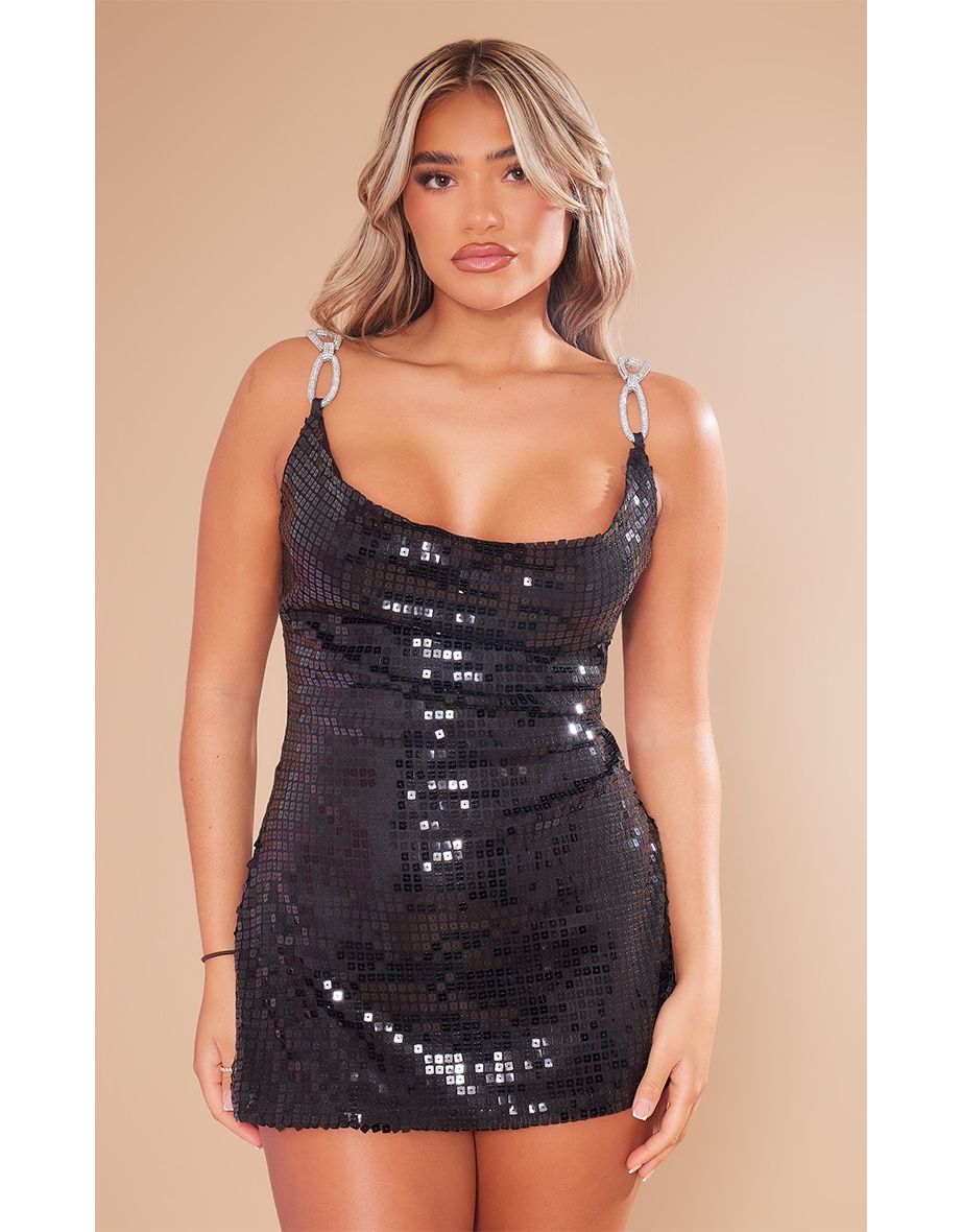 Shop Black Diamante Strap Detail Sequin Strappy Shift Dress Online in Qatar VogaCloset