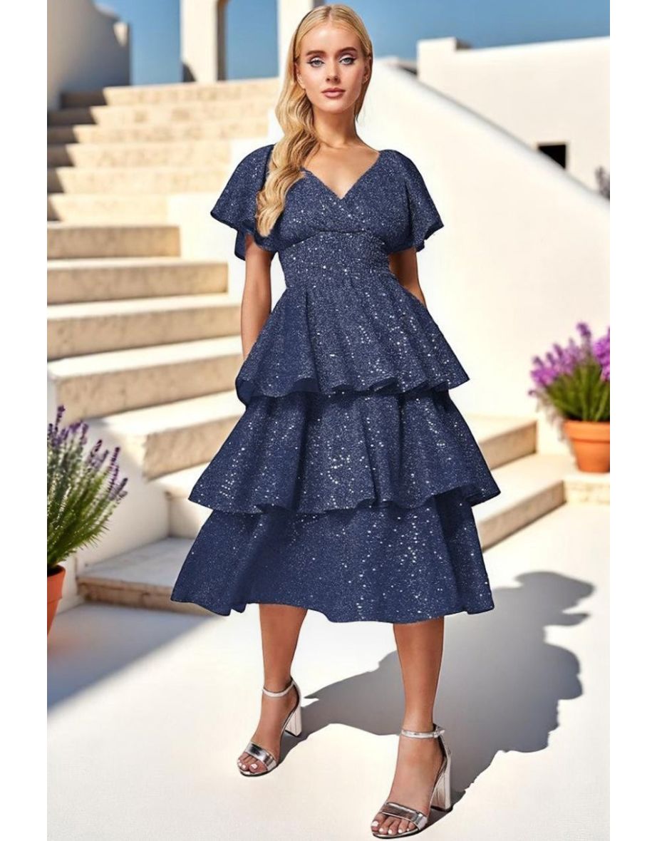 Goddiva Sequin Lurex Tiered Midi Dress - Navy