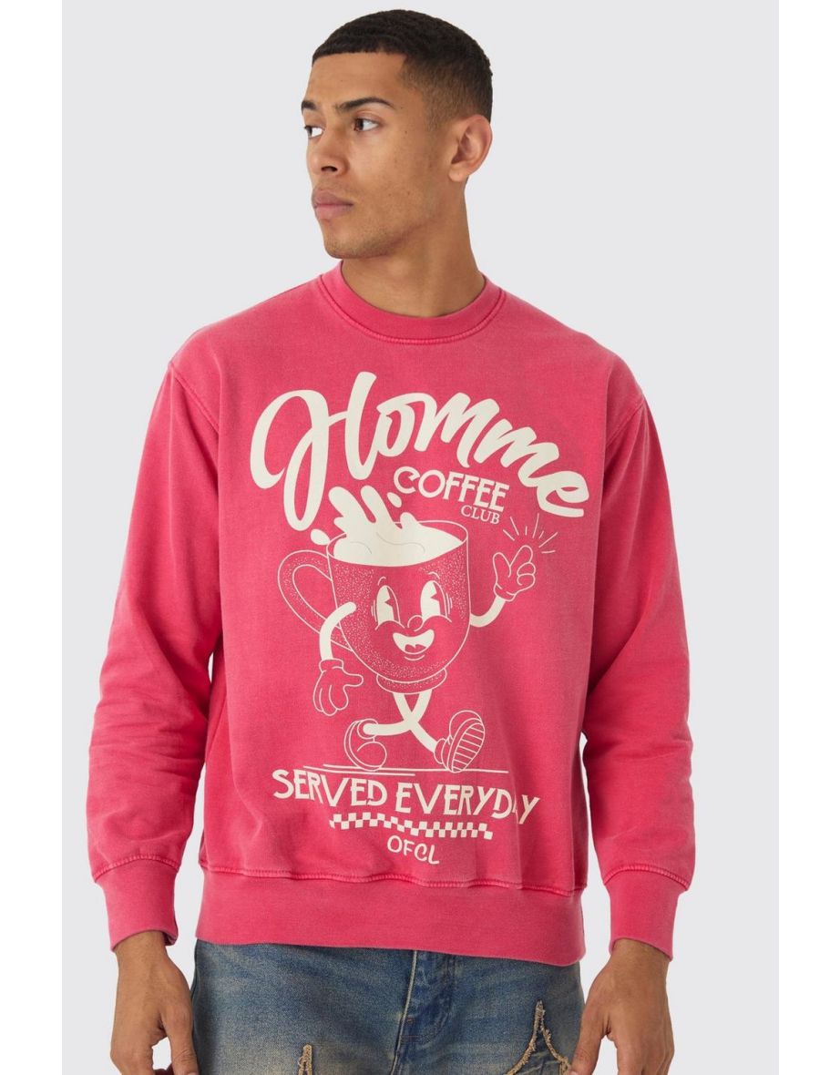 Homme Coffee Cartoon Graphic Washed Sweatshirt