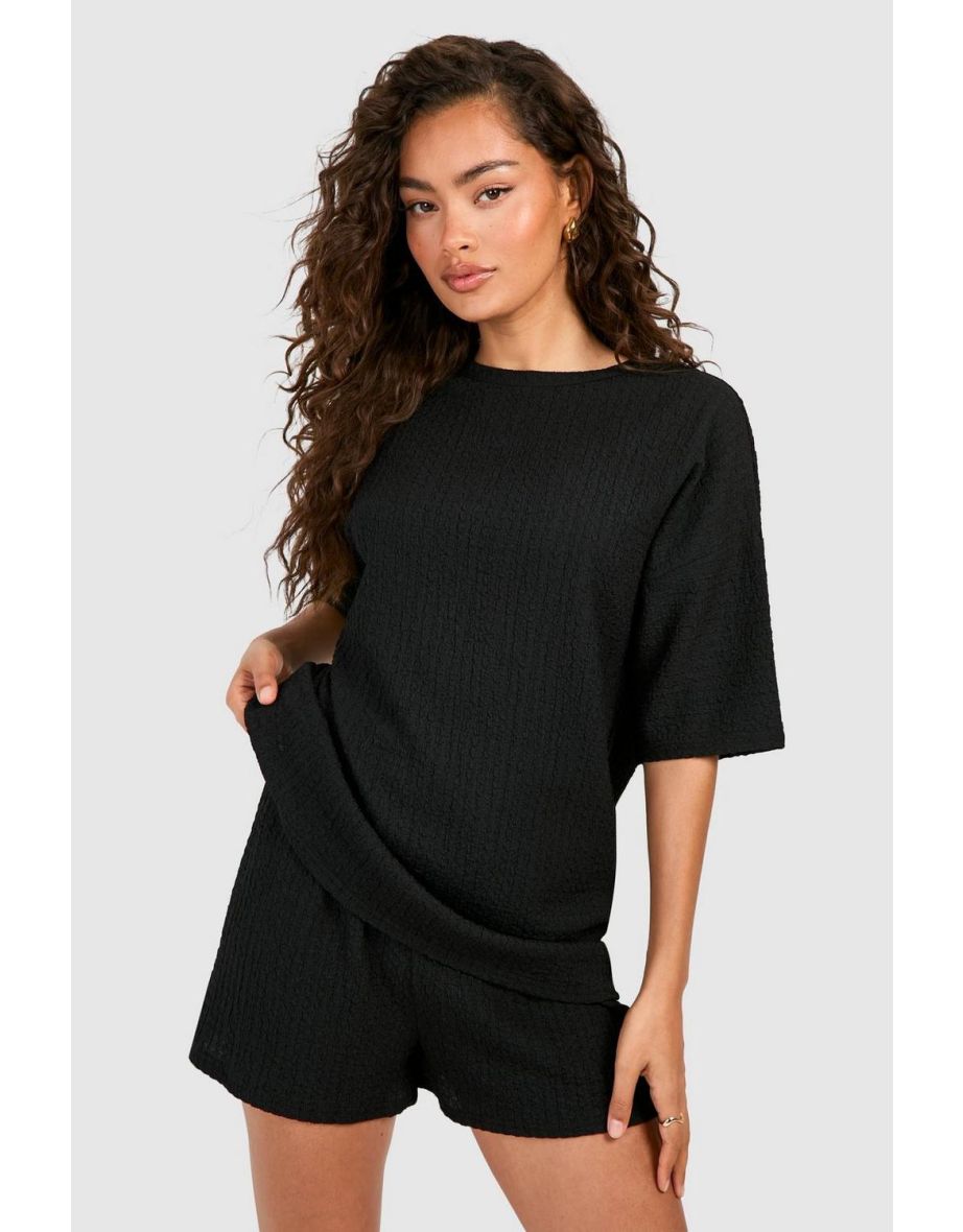 Textured Crinkle Drop Shoulder Tee & Shorts - black