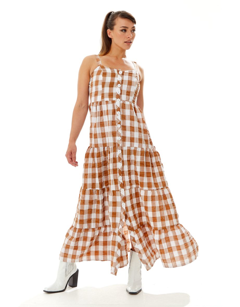 Women's Maxi Dress with Button-Up Front and Fluid Movement in Brown and White.