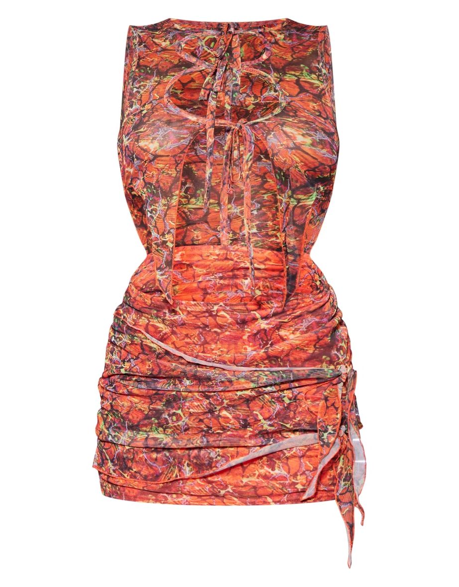 Orange Abstract Print Sheer Mesh Tie Up Bodycon Dress - 4