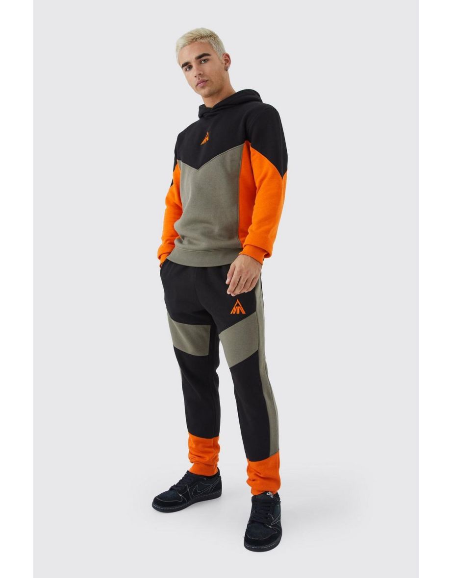 Man Slim Fit Colour Block Hooded Tracksuit - khaki
