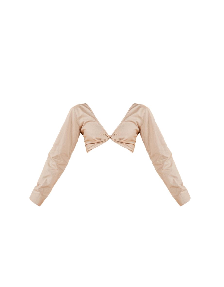 Taupe Linen Look Twist Front Cropped Shirt - 4