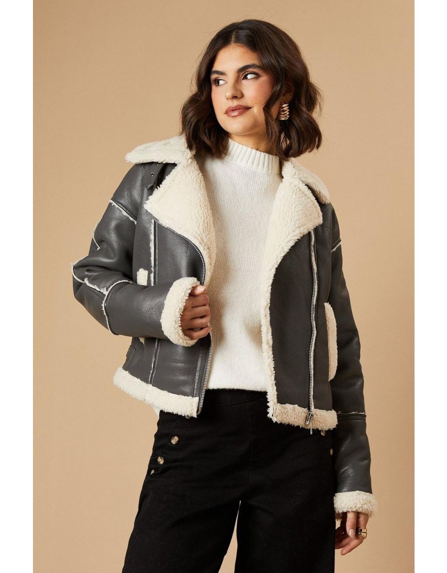 PU Borg Detail Collared Zip Jacket