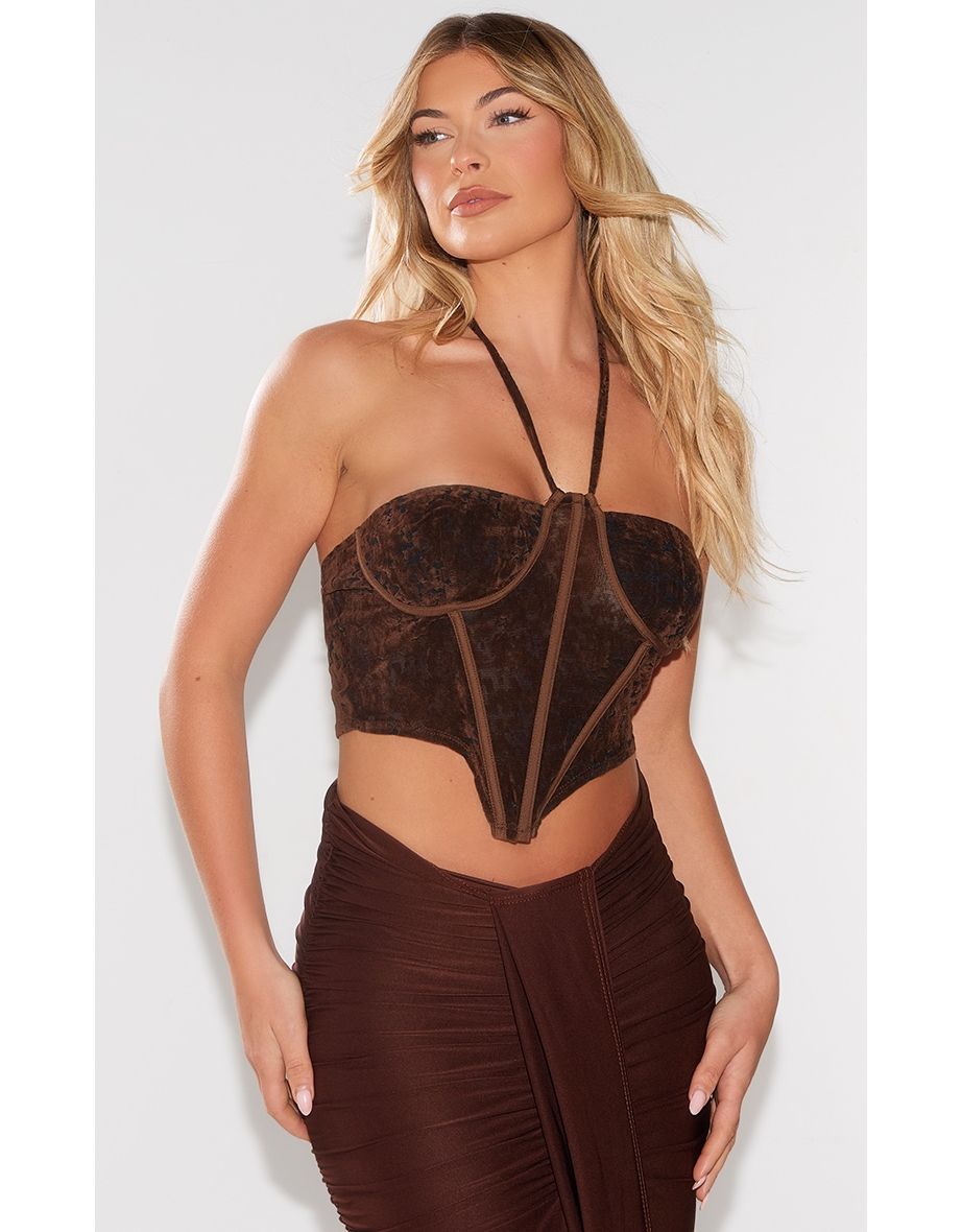 Brown Devore Boned Halterneck Corset