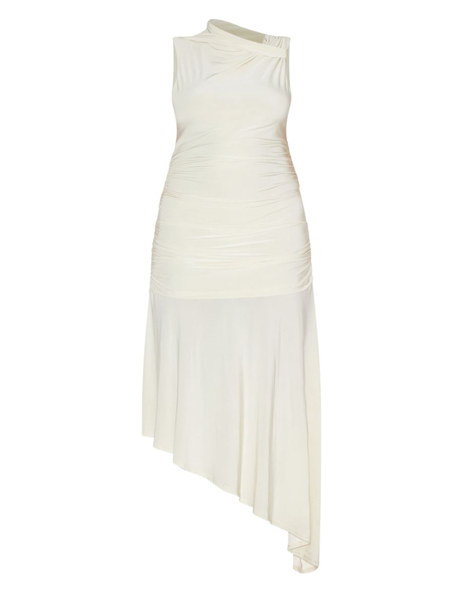 Plus Cream Double Layer Slinky Asymmetrical Ruched Detail Maxi Dress - 4