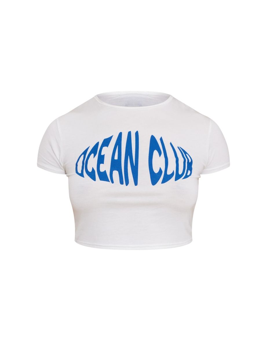 White Ocean Club Printed Fitted Crop T Shirt - 4