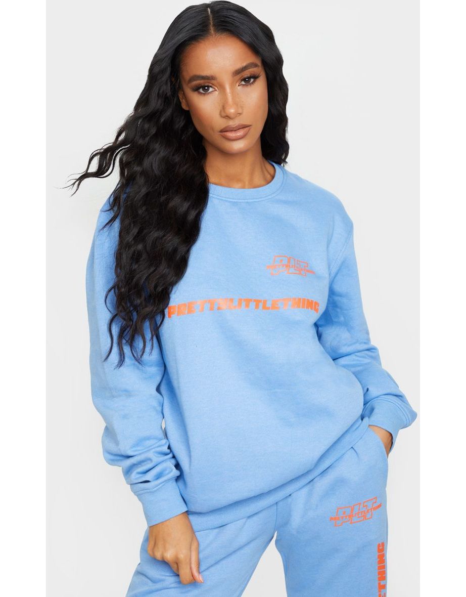 PRETTYLITTLETHING Blue Slogan Oversized Sweater