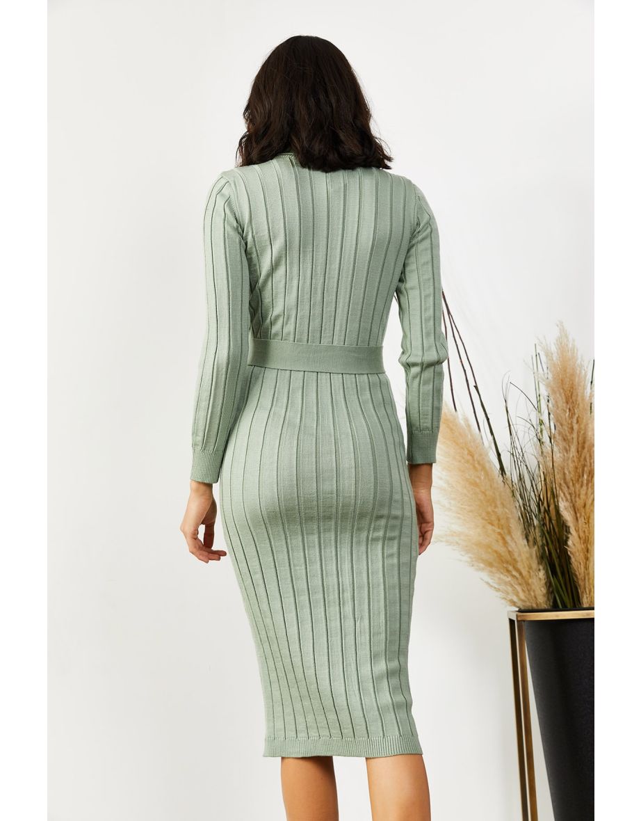 Women's Aquatic Green with a Belt, Thick Ribbed Sweater Dress - 4