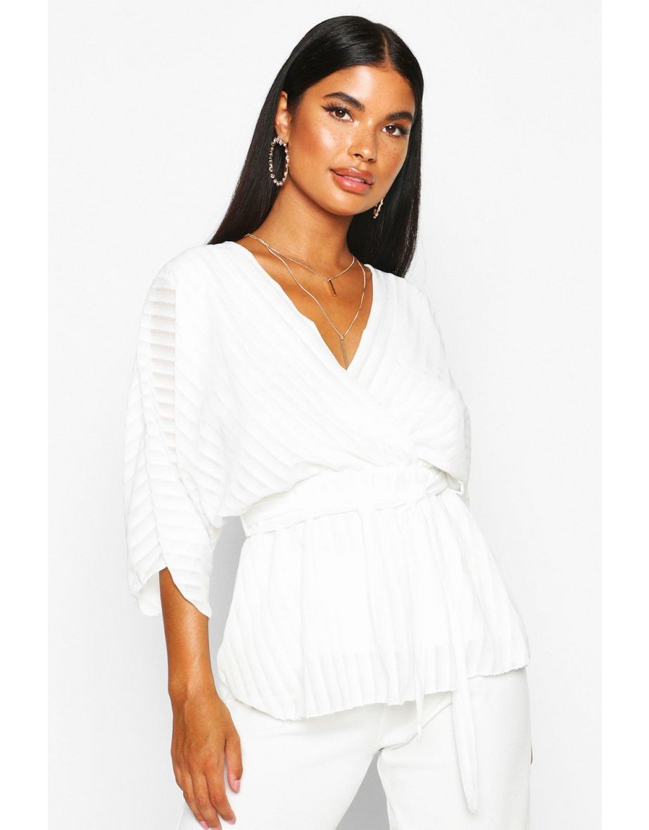 Petite Woven Sheer Stripe Wrap Batwing Blouse - black - 3