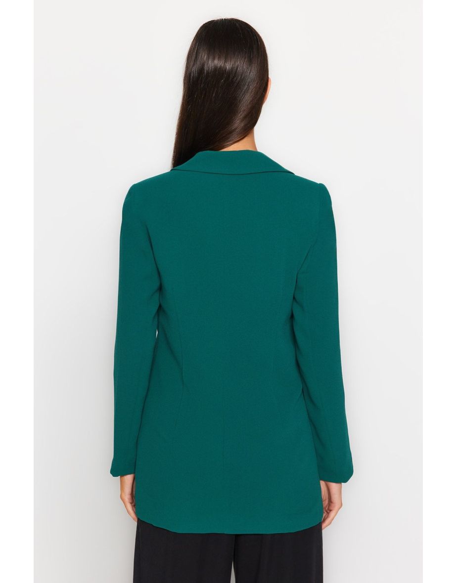 Emerald Green Oversize Lined Double Breasted Closure Woven Blazer Jacket - 6