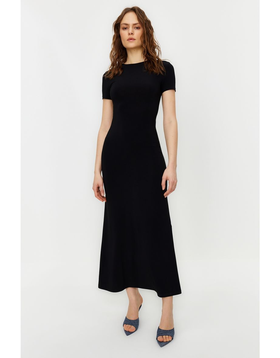 Black Short Sleeve Bodycone/Fitting Crew Neck Stretchy Knitted Maxi Dress