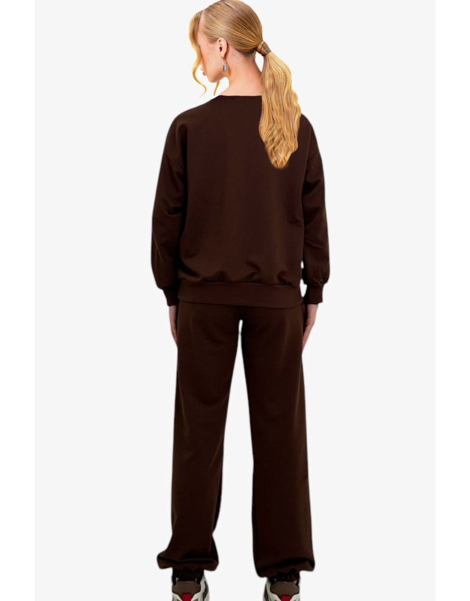 Women's Brown Bike Neck Elastic Waist and Leg Basic Tracksuit - 3