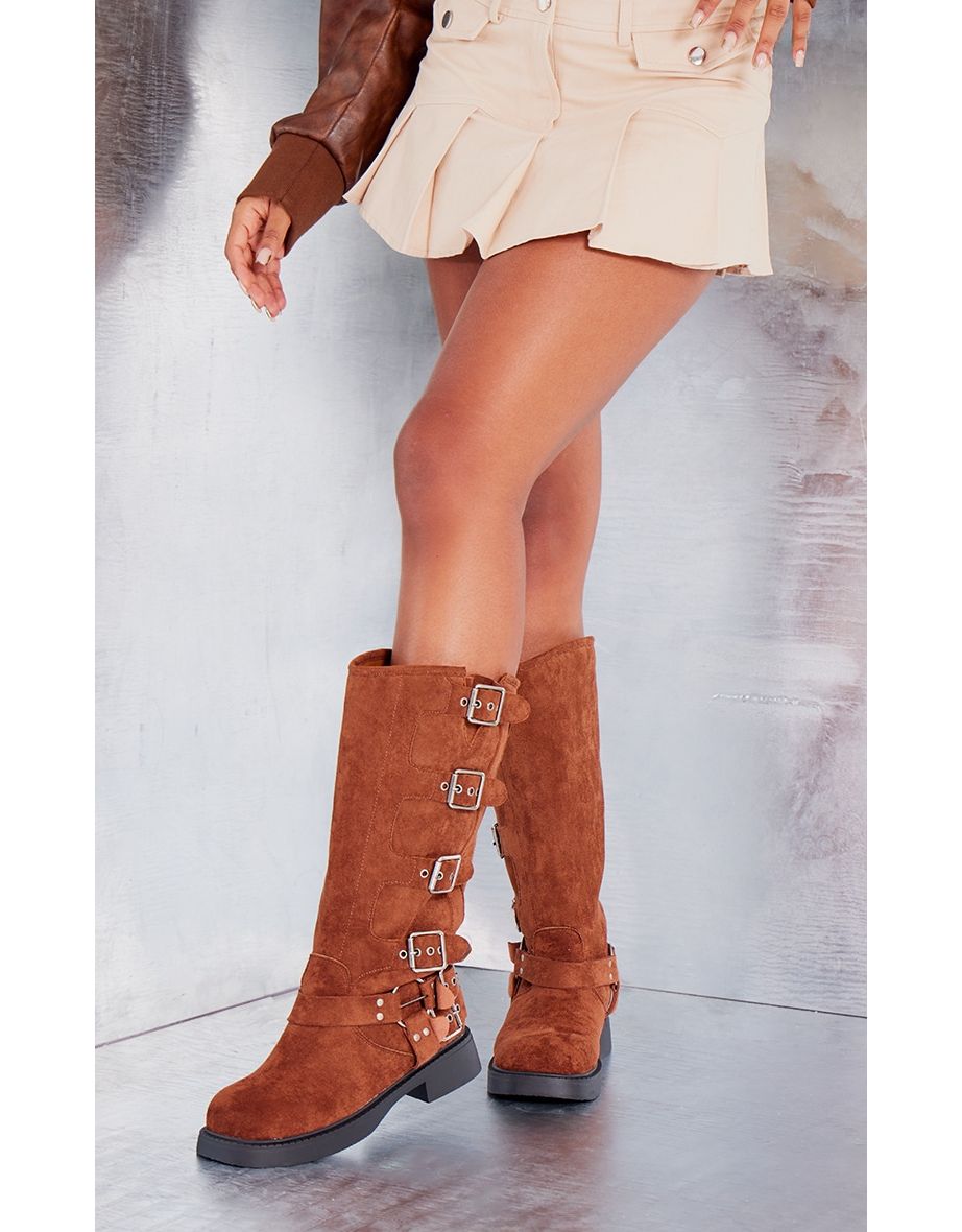 Shop Chocolate Faux Suede Square Toe Brushed Buckle Knee Boots Online in Iraq VogaCloset