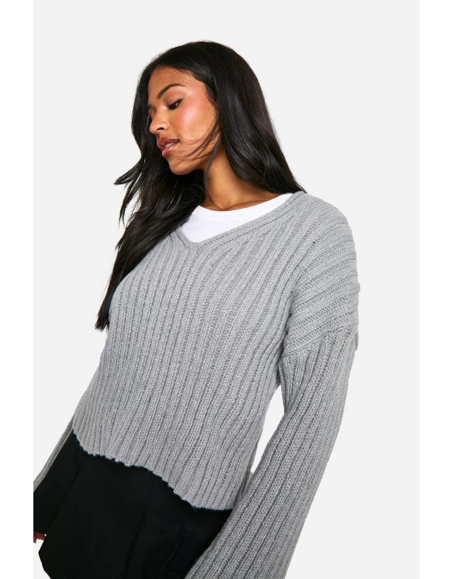 Tall Ribbed V Neck Cropped Knitted Jumper - grey - 3
