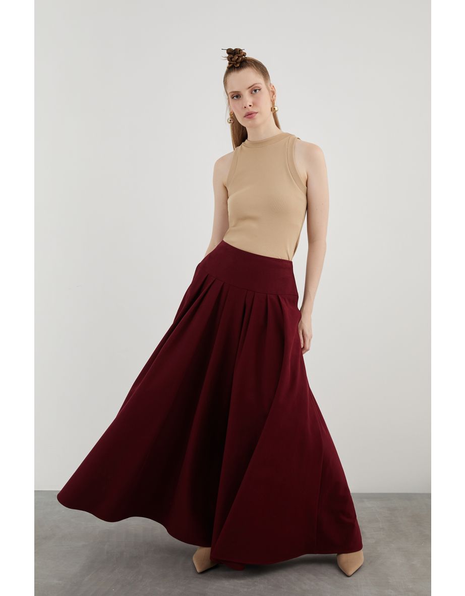 High-Waisted Wide Pleated Side Pocket Long Red Skirt - 3