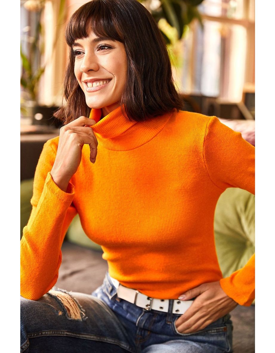 Women's Orange Turtleneck Raised Camisole Sweater