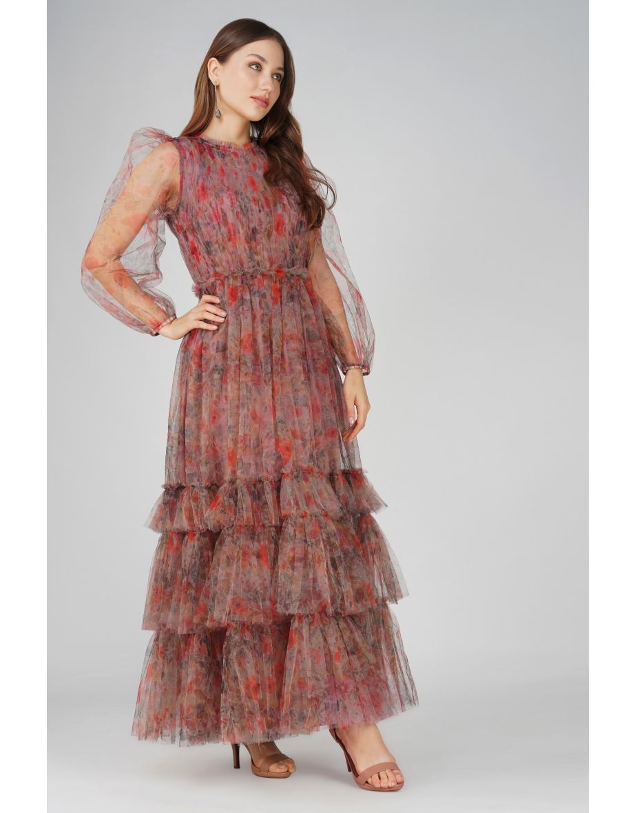 Carina Long Sleeve Floral Maxi Dress in Dusty Rose