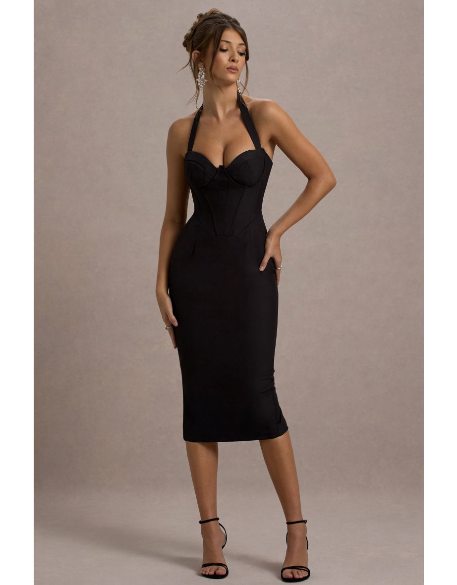 Supermodel | Black Halter-Neck Corset Midi Dress
