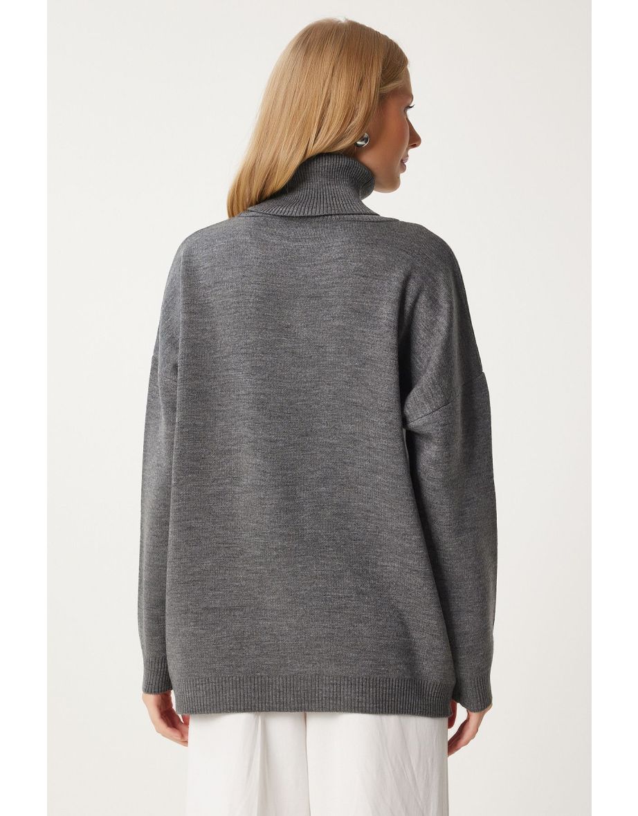 Women's Grey Turtleneck Oversize Knitwear Sweater - 5