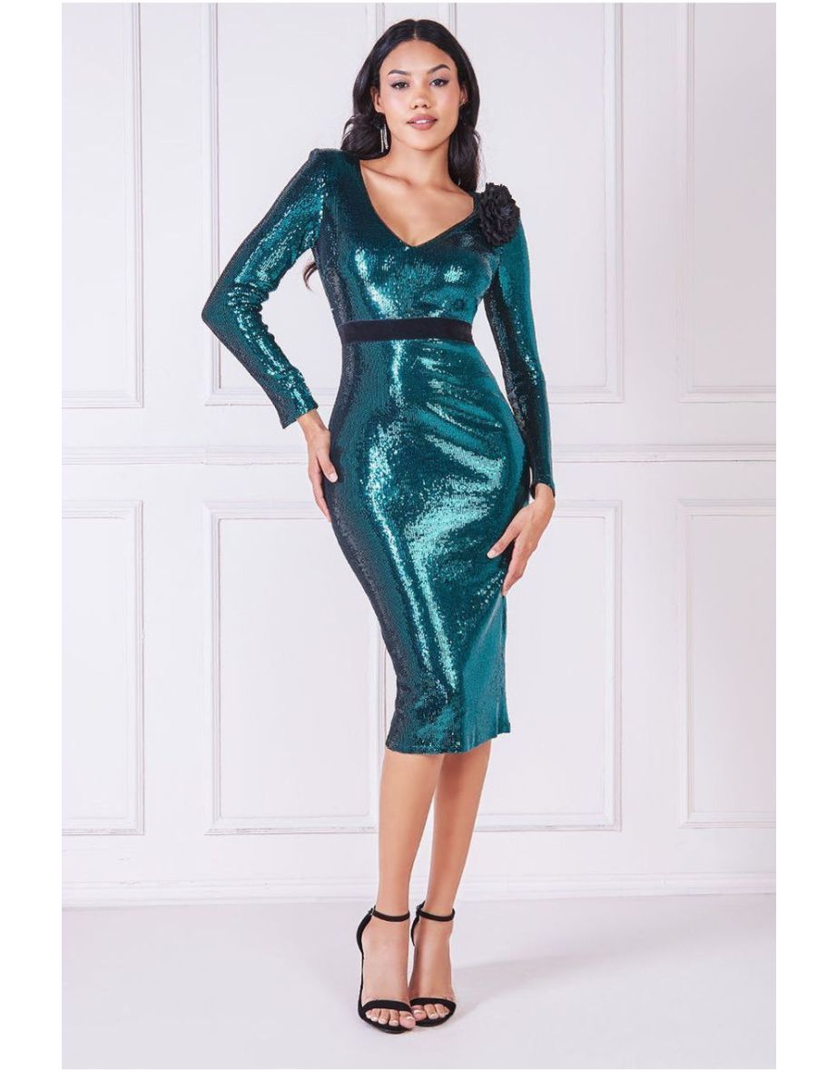 Goddiva Liquid Sequin Midi With Corsage - Emerald