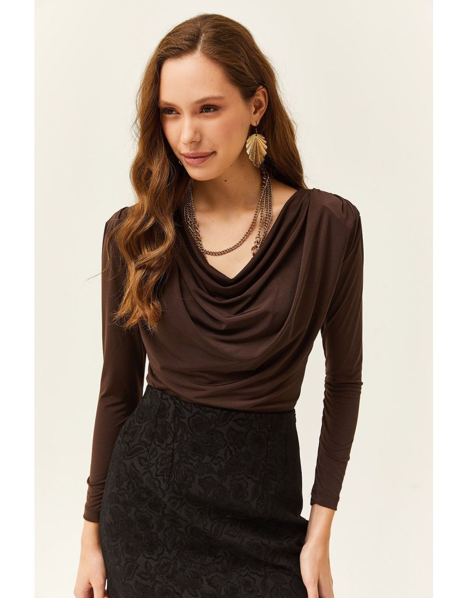 Women's Bitter Brown Waistband Pleated Turndown Collar Blouse - 5