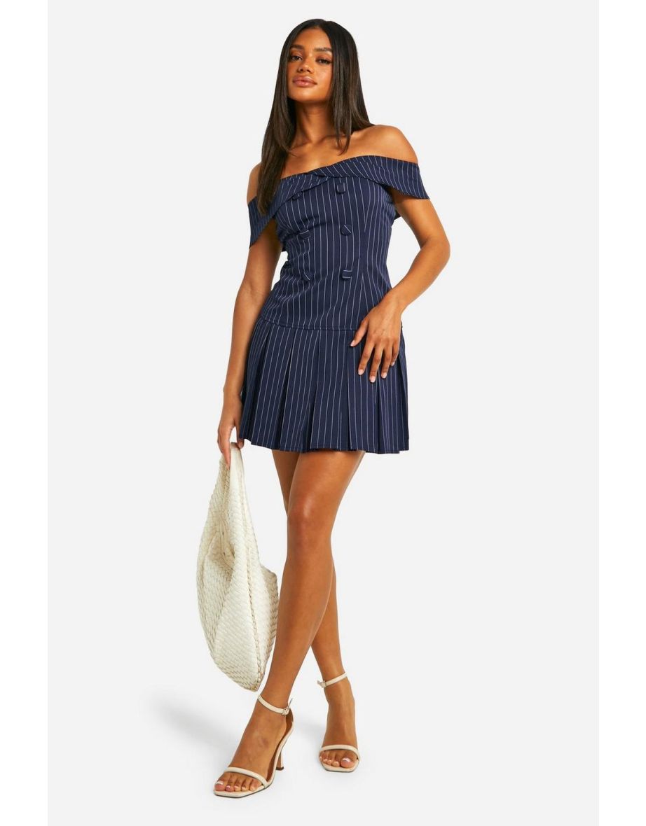 Stripe Bardot Tennis Skirt Dress - navy