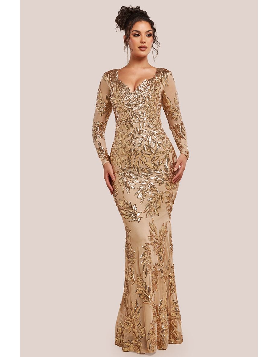 Goddiva Long Sleeve Sequin Leaf Long Sleeve Maxi Dress - Gold