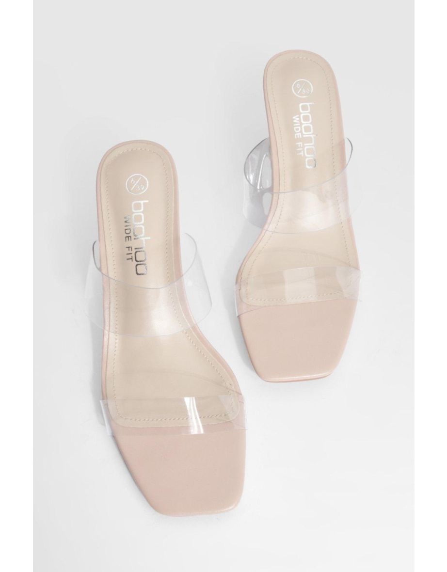 Wide Fit Clear Double Strap Low Block Heeled Mules - nude - 3