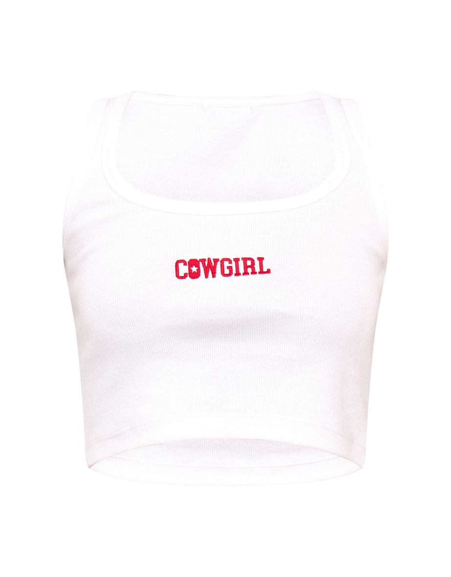 White Embroidered Rib Crop Top - 4
